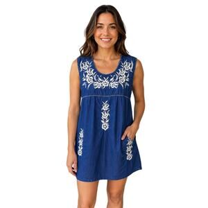 Azul del Amor Mexican Inspired Embroidered Blue Shift Dress Large